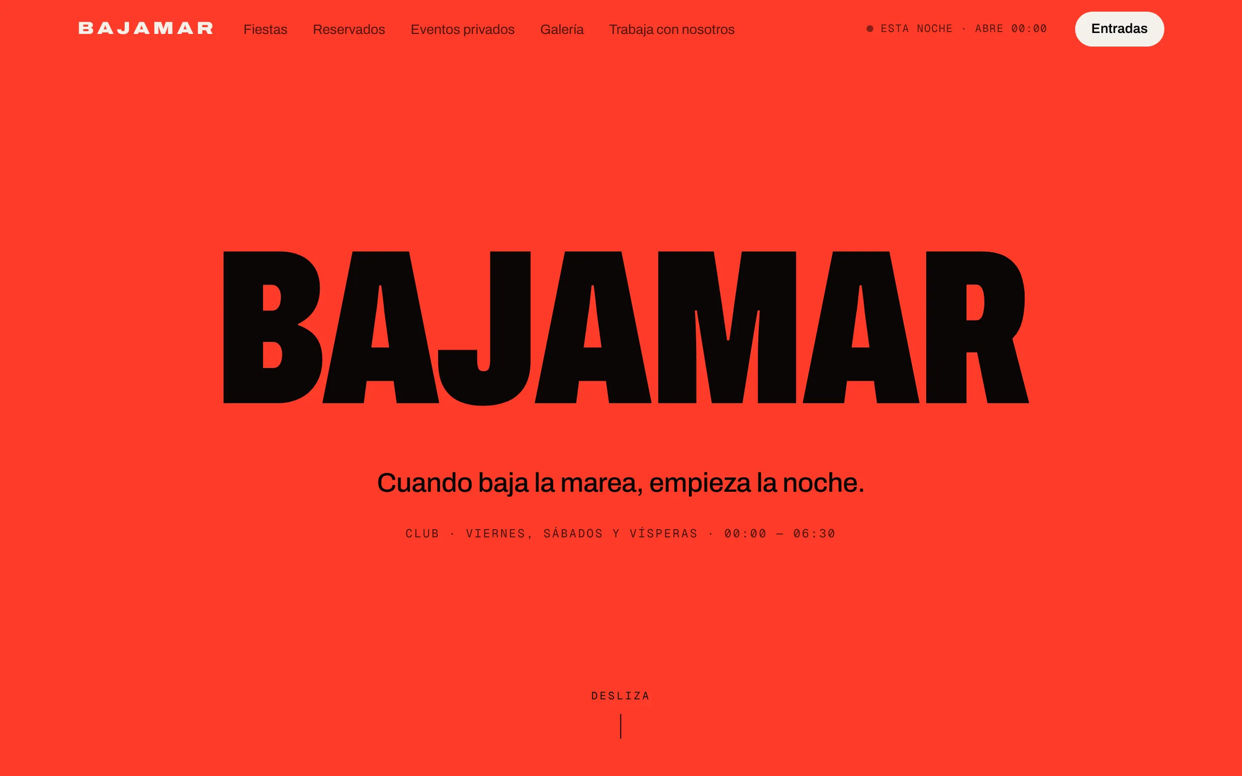Portada de la web de Bajamar: el nombre del club sobre fondo rojo